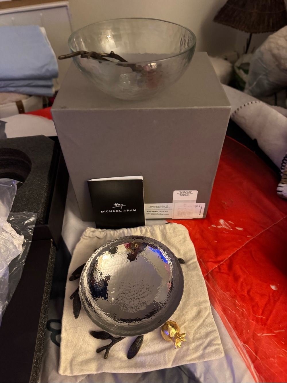 Michael Aram Silver Hammered Glass Bowl with Branch Stand